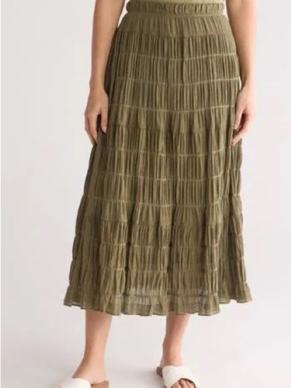 New Max Studio Cotton Olive Green Tiered Midi Skirt